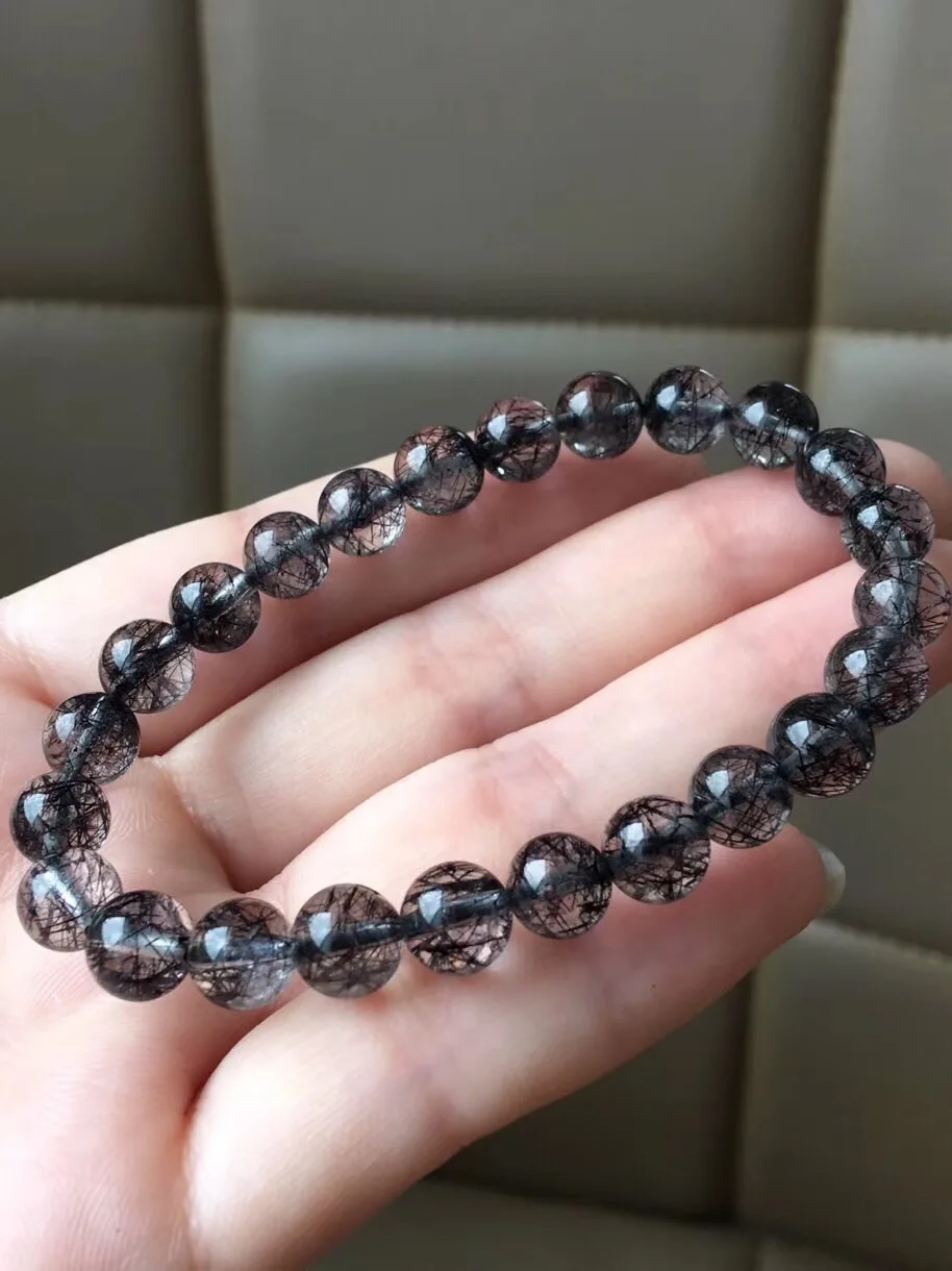 

7.5mm Natural Strong Black Hair Rutilated Bracelet Jewelry For Women Men Round Beads Clear Stone Crsytal Fashion Bracelet AAAAA