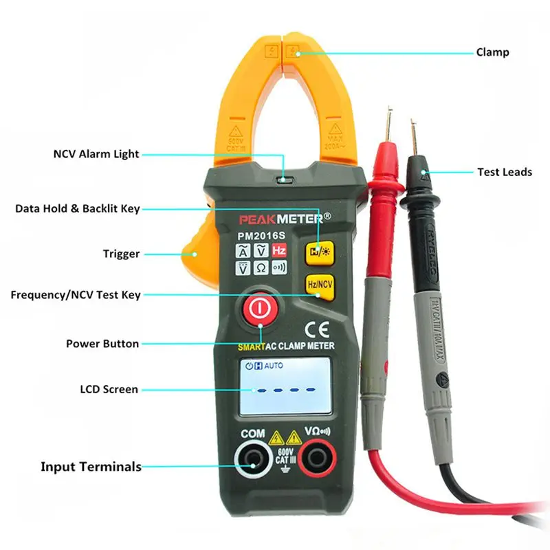 PEAKMETER PM2016A цифровой клещи мультиметр 6000 отсчетов портативный ручной удержания данных AC/DC Сопротивление напряжения частота
