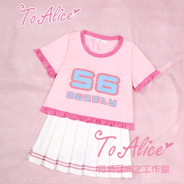 

Kawaii Girls Bestie Letters Harajuku Summer 2PCS Set: Short Sleeve Short Tee T-shirt Tops + White Mini Pleated Skirt Pink & Blue