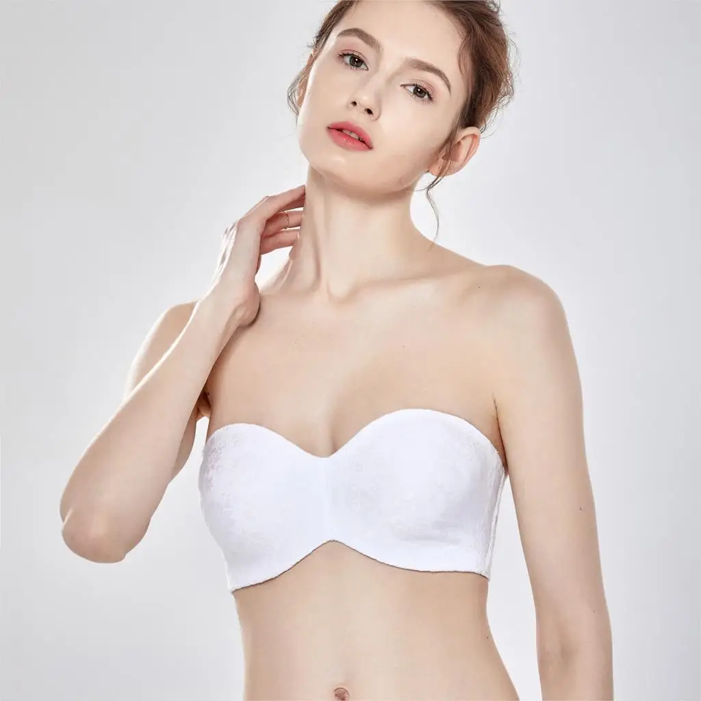 White02 Женский жаккардовый бюстгальтер на косточках с цветочным рисунком, без бретелей, большие размеры A-G - Цвет: White02