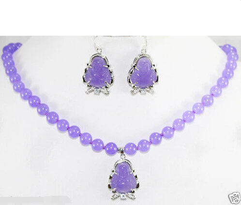 

FREE SHIPPING>>@> XE46 E5 shipping Jewelry 10mm Purple Natural stone Necklace Buddha Pendant Earrings Set Natural jewelry