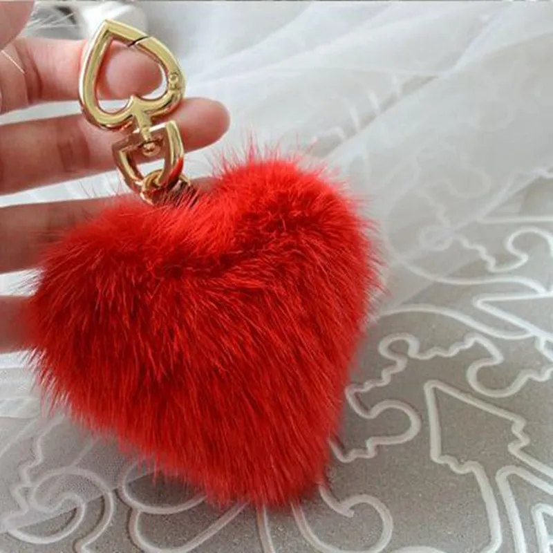 

Luxury Heart Fluffy Mink Fur Pompom Keychain Keyring Women Handbag Accessories Bag Charm Purse Pendant Elegat Gift Porte Clef