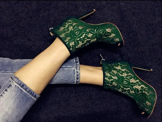 hot sales pretty green lace women boots sexy peep toe ankle boots high heels shoes pumps 2017 spring summer big size 35-42