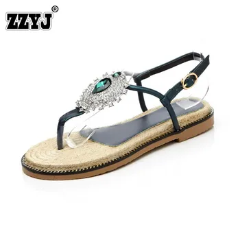 ZZYJ 17 Summer Brand New Quality Straw Sandals Flip-Flops Hemp Rope Handmade Shoes Woman Shoes Flat  shoes Fashion High Diamond