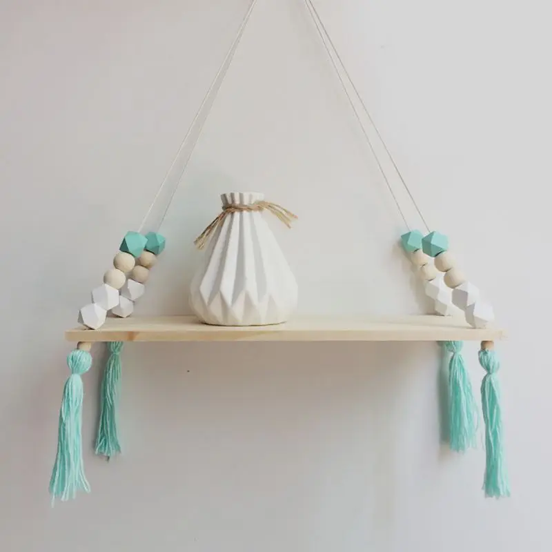DIY الأصلي خرزات خشبية تخزين الرف منظمة المنزل ديكور غرفة الاطفال شرابة الجدار الديكور سوينغ الرف رف جدار غرفة نوم