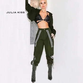 

Women High Waist Side Striped Cargo Trousers with Fitted cuffs
