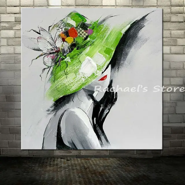 Peint à La Main Moderne Abstraite Fille Porter Chapeau Peinture à L