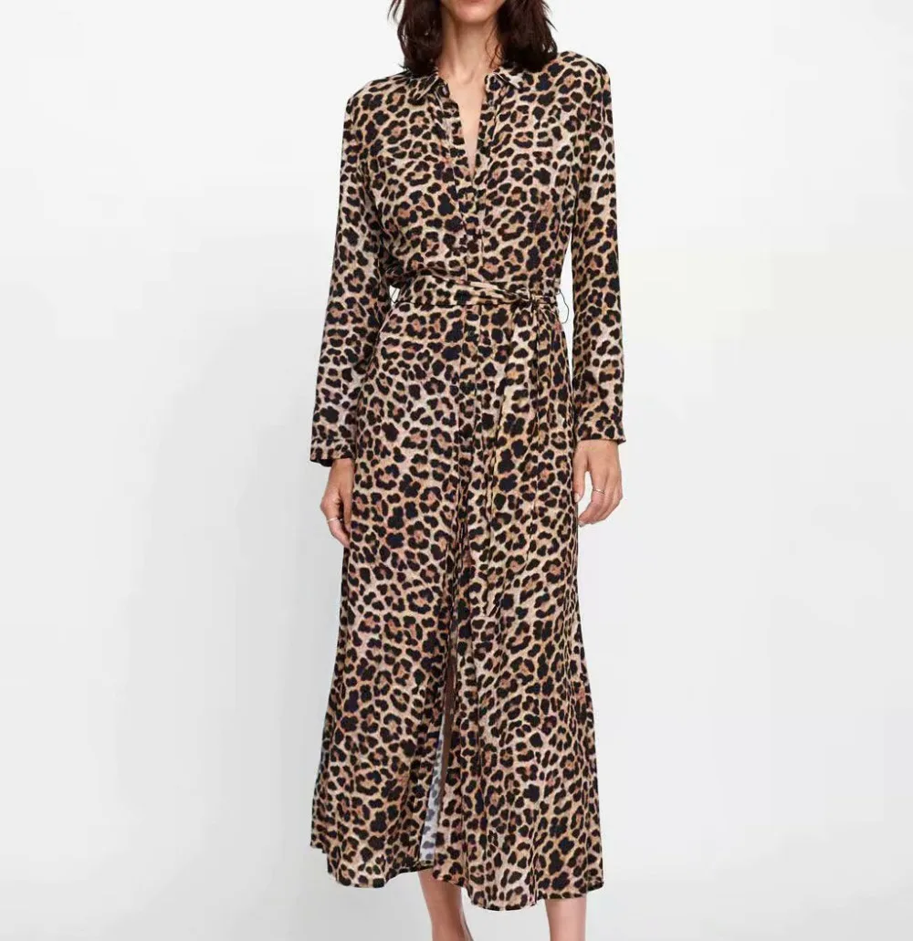 

ASDS Women Leopard Print Ankle Length Dress Bow Tie Sashes Long Sleeve Retro Ladies Casual Chic Dresses Vestidos 8811