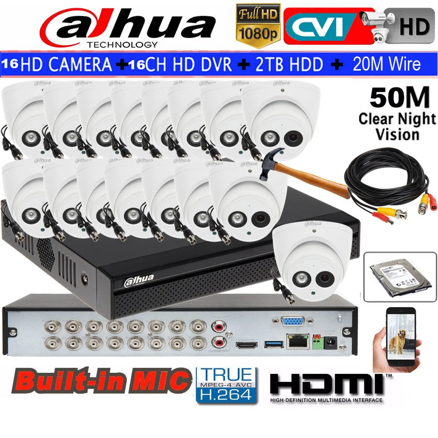  Dahua 2MP IR50M HD CVI cámara incorporada-inMic HAC-HDW1200EMP-A a prueba de agua Cámara 16CH HCVR5