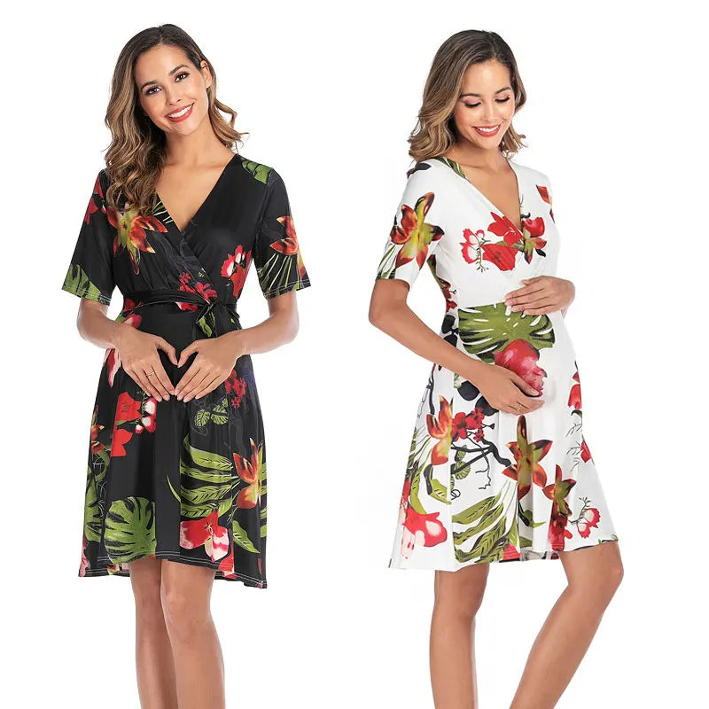 

Hot 2019 maternity dress print dress ladies evening dress pregnant women casual wear belt dress summer dress maternity dress