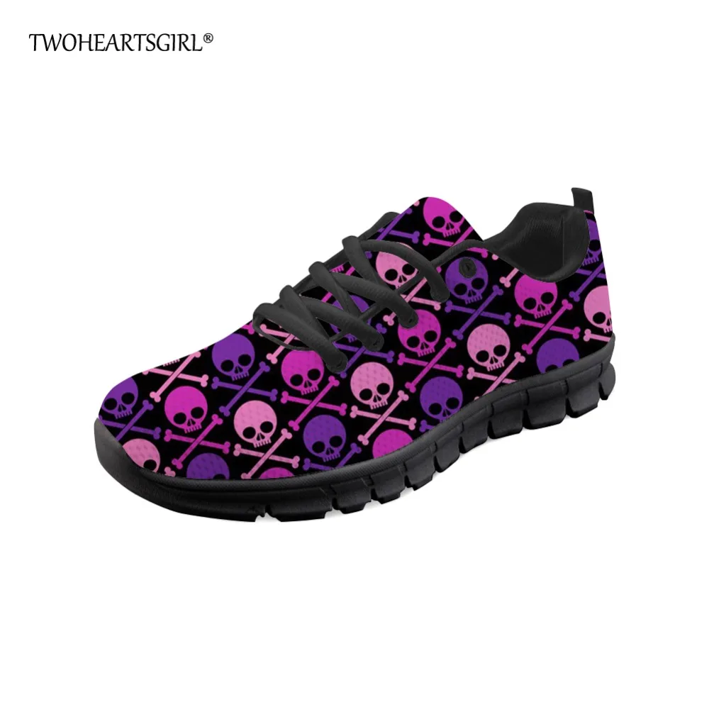 

Twoheartsgirl Multicolor Sugar Skull Print Mesh Flats for Women Breathable Lace-up Women Mesh Sneakers Comfortable Flats Plus