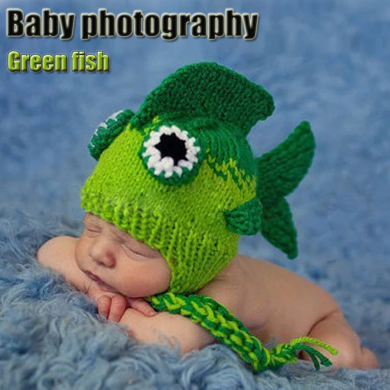 

Hot Sale Cute Animal Theme Baby Hat Newborn Infant Handmade Crochet Outfits Hats For Children Ocean Fish Photo Props Moe Cap