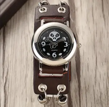 

Rtoe Brown Leather Skull Steam punk Wristwatches Men Boy Skeleton Nightmare Before Christmas Bracelet Gift