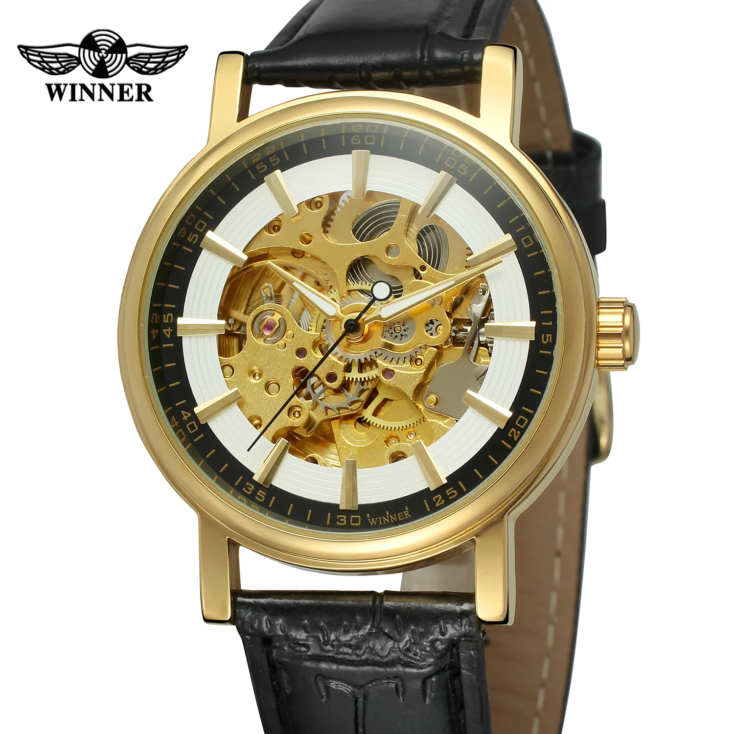 

Winner Top Brand New Sport Design Leather Bezel Golden Watch Mens Clock Luxury Montre Homme Clock Men Automatic Skeleton Watches