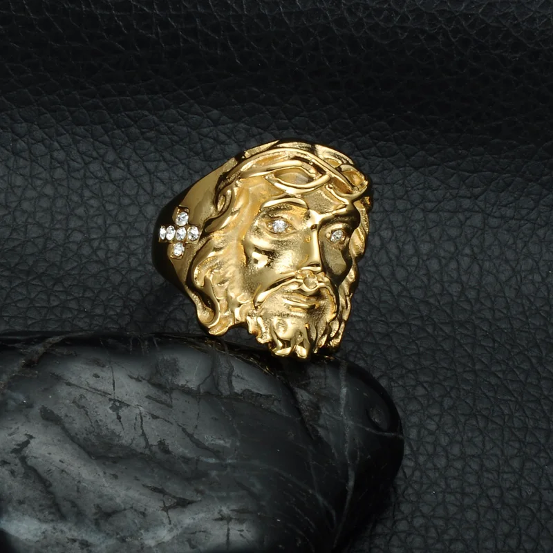 

HIP Hop 3D Christ Jesus Piece Cross Rock Iced Out Gold Color Titanium Stainless Steel Bling Rings for Men Jewelry