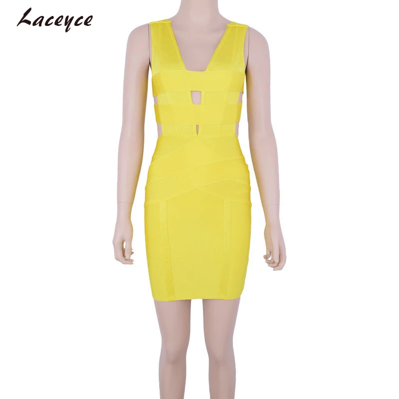 Laceyce 2018 Chic летнее платье Модные женские розовый желтый без рукавов выдалбливают