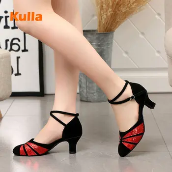 

Latin Dance Shoes Women Black Flock Ballroom Salsa Shoes For Dancing Closed Toe Heels Ladies Standard Tango Shoes Female Sandals