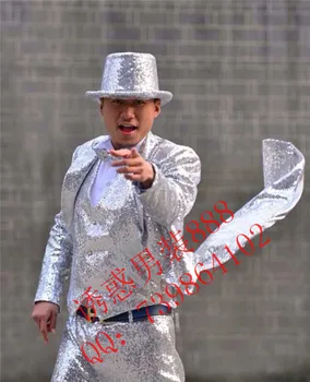 

5 ps sets ! Men Singers Sequins Tuxedo suit Male Wedding Dress Command Chorus Formal Dress The Magician Suit ! S-4XL