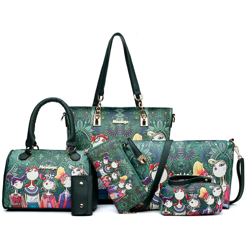 

Luxury Brand Women 6Set Top-Handle Bag Forest Series Cartoon Pattern Large Capacity Female Shoulder Bag Purse Ladies Tote Clutch