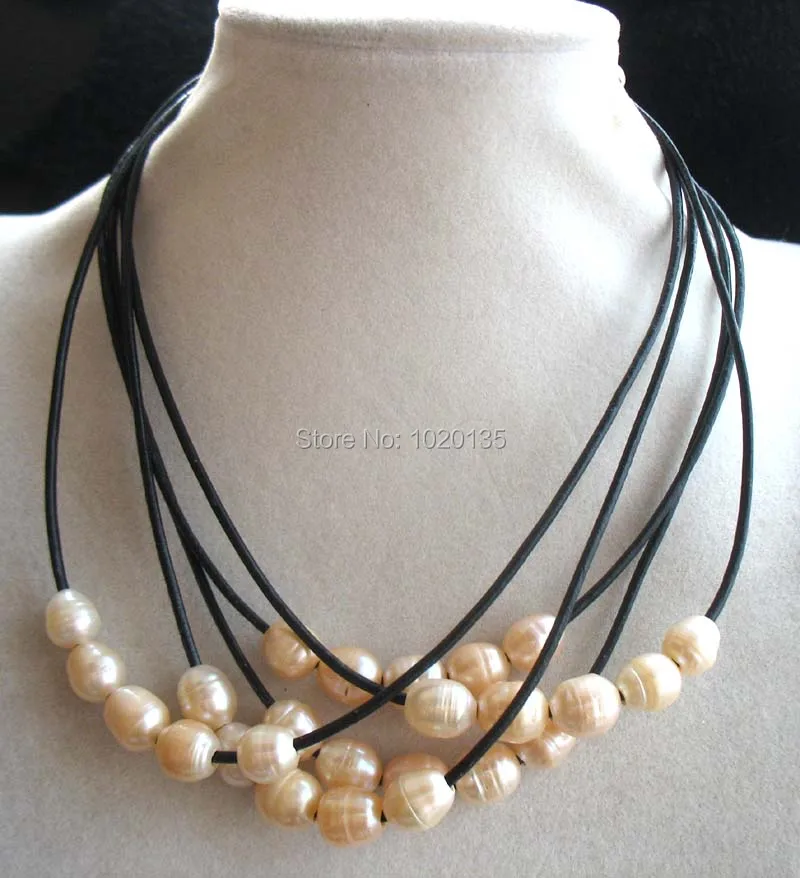 5strands Freshwater Pearl Pink Egg And Black Line Necklace Nature 18