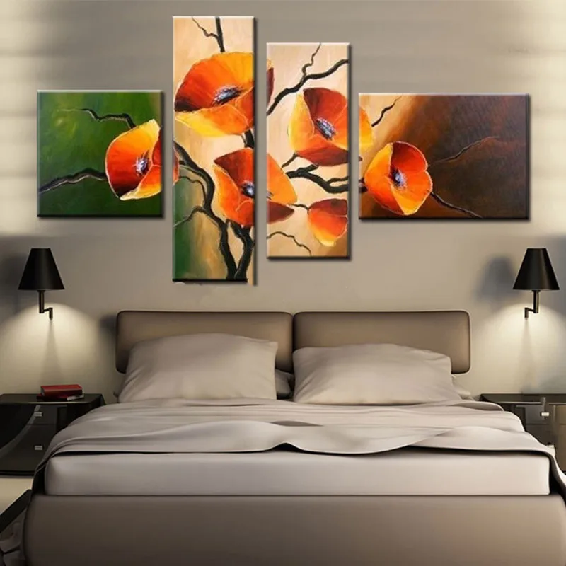 

4 Panel Living Room Wall Painting Hand Painted Abstract Flower Oil Paintings on Canvas Home Decor Wall Art Orange Floral Picture