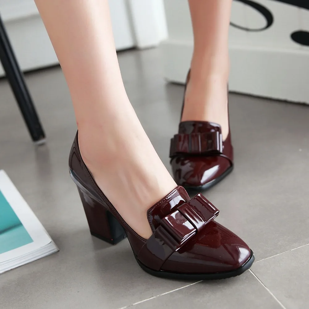 

Plus size women shoes thick heel patent leather pumps women beige heels butterfly shoes ladies black pumps red shoes wedding