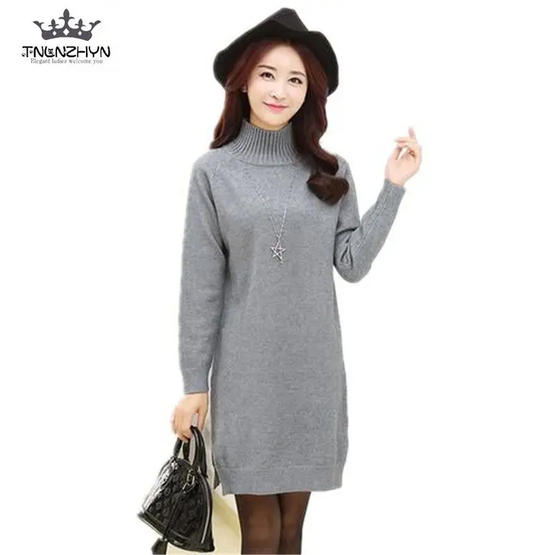 2019 New Winter Loose Big Yards Knitted Sweater Pure Color Side Slit Pullover Turtleneck Warm Long Women A1496 | Женская одежда