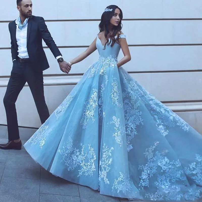 Elegant Off Shoulder Prom Dresses 2018 Arabic New Modest Lace Baby Blue Appliques A Line Long Formal Evening Gowns Special Occasion Dress179