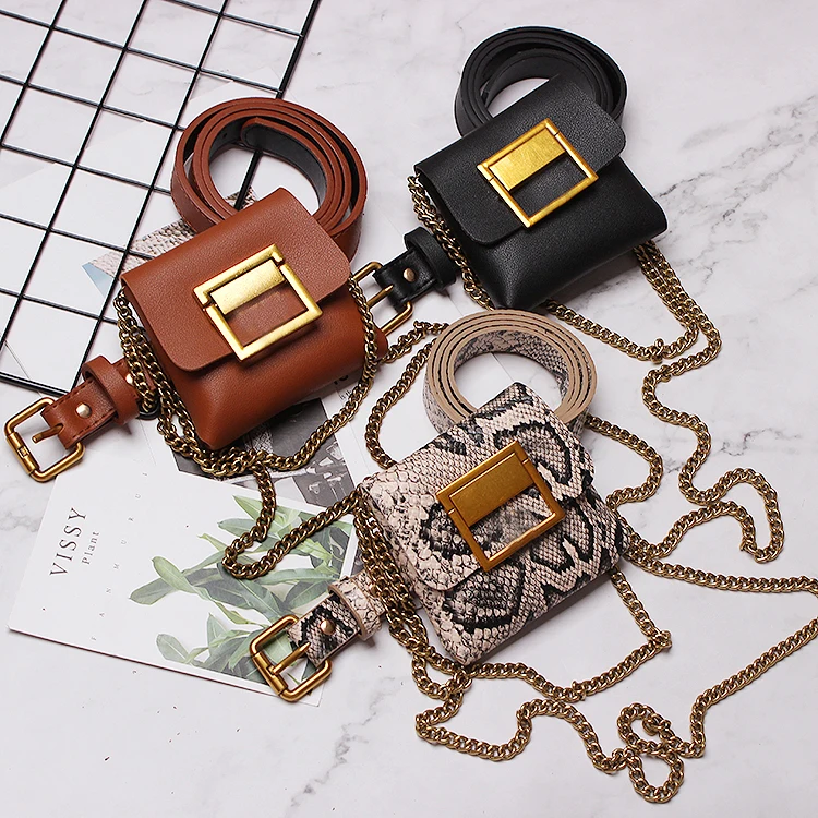 

2019 Double Metal Chain Women Waist Packs Vintage Ladies Serpentine PU Leather Waist Bags Mini Shoulder Waist Fanny Bags Pack