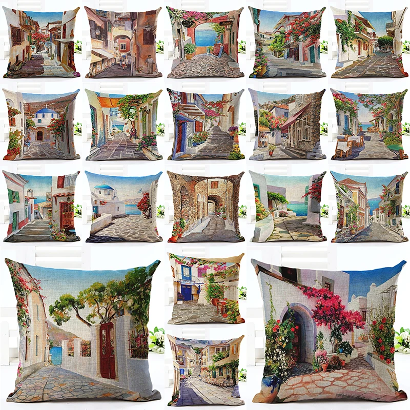 

2016 New Arrival 45x45 Creative Fashion Street Building Print Fundas Cotton Linen Cushion Cover Sofa Cushion Home Decor Cojines