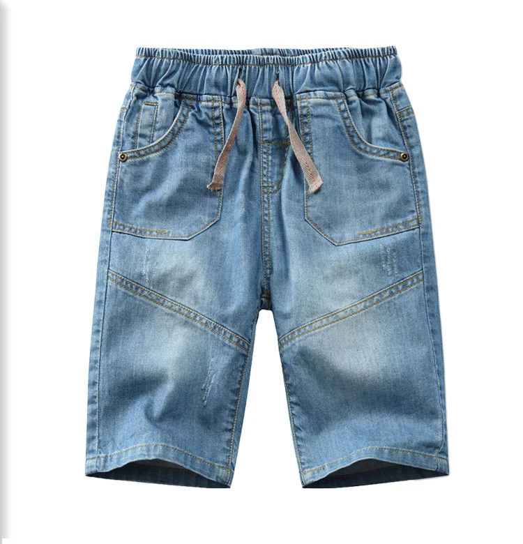 Новые летние детские джинсовые шорты модные джинсы стираного синего цвета Короткие штаны для больших мальчиков повседневные синие брюки для подростков BC067