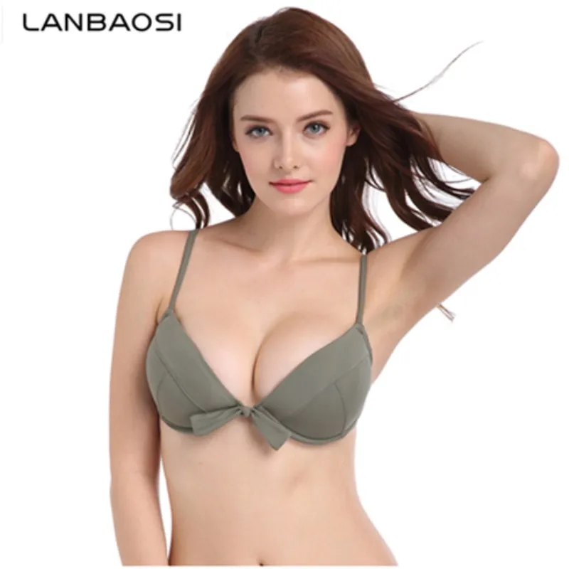 

LANBAOSI Summer Bikinis Women 2019 Swimsuits Classical Solid Push Up Bikini Tops Retro Bathing Suits With Pad Sexy Swimwear