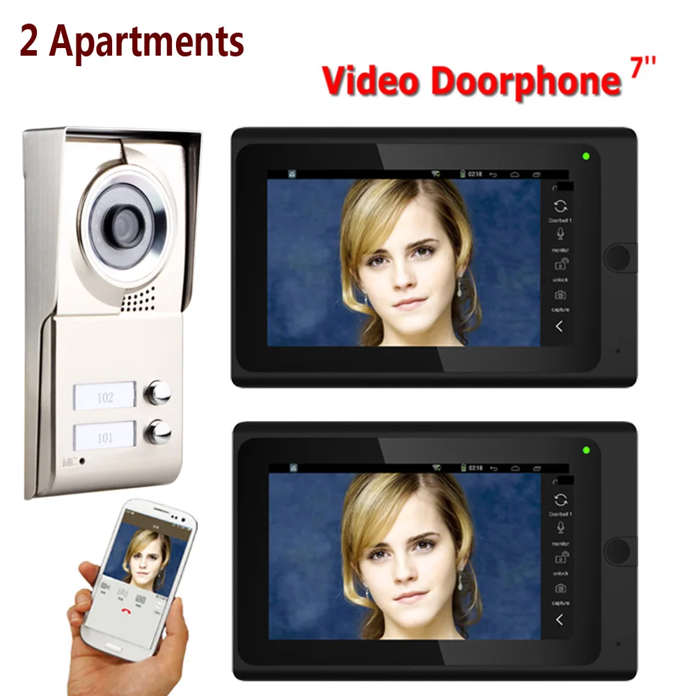 7inch Record Wired Wifi 2 Apartments Video Door Phone Intercom System IR-CUT HD 1000TVL Camera Doorbell Camera with 2 button 2 M