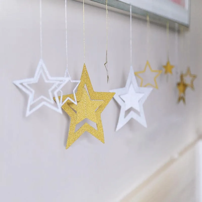 Rose Gold Hollow Star Paper Garlands Banner Hanging for Wedding Christmas Decorations Kids Birthday Party Supplies Baby Shower