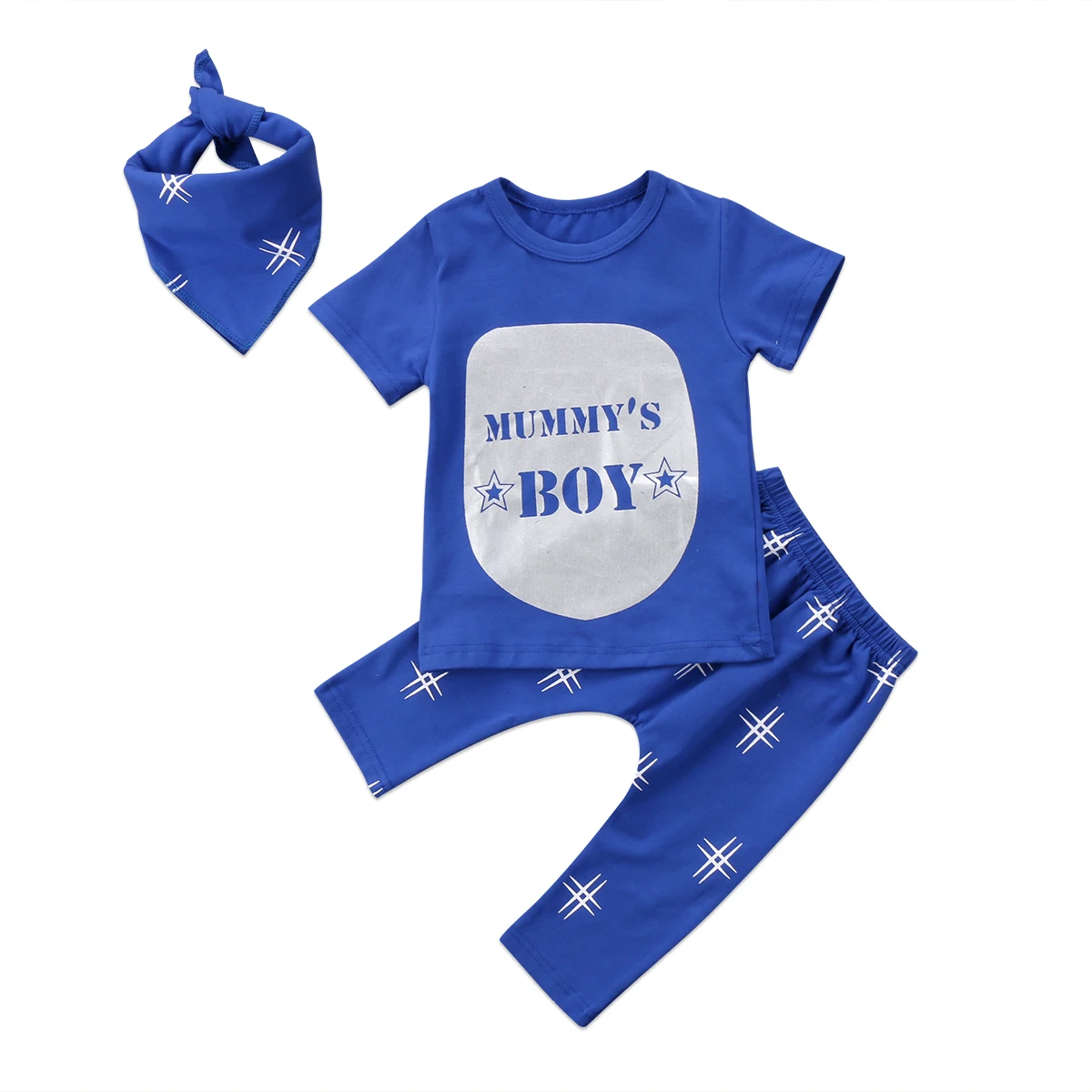Милая одинаковая футболка с короткими рукавами для новорожденных мальчиков и девочек из 3 предметов комбинезон+ штаны повязка на голову, одежда - Цвет: Синий