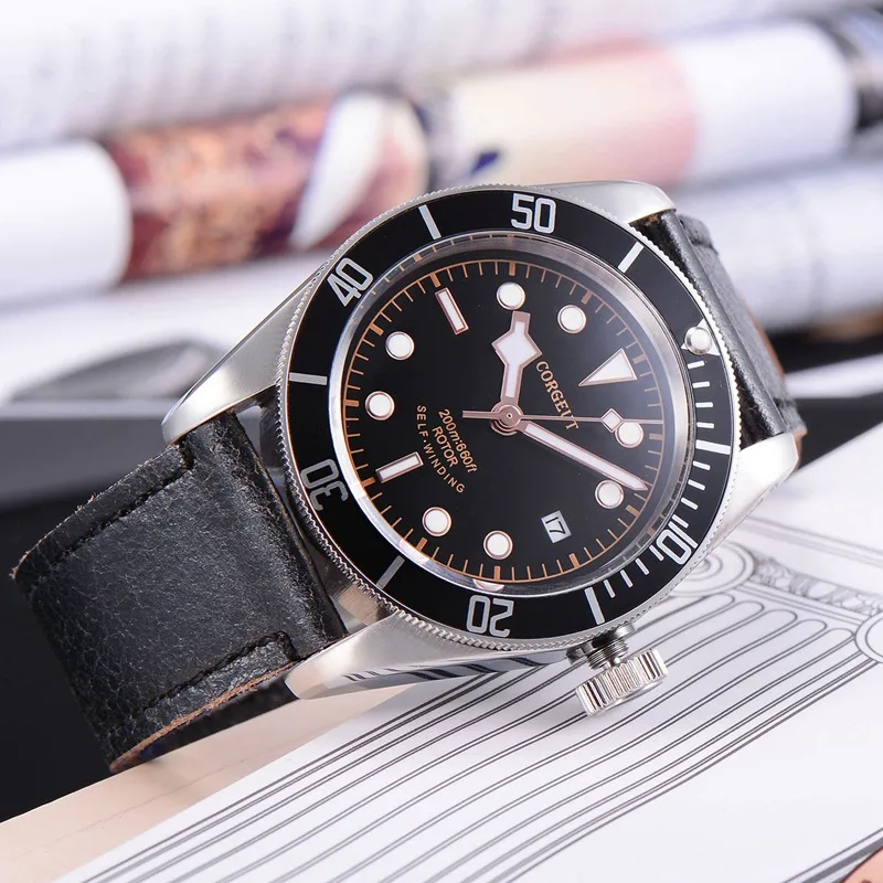 Corgeut 41 мм Мужские автоматические часы черный циферблат Rosegold Lume Marks сапфировое