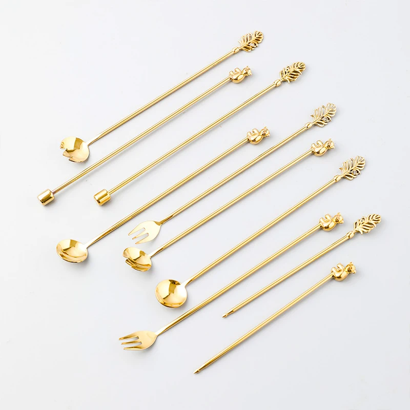 

Golden Cocktail Mixing Sticks Set Tableware Stainless Steel Gold Coffee Scoops Bar Koala Leaf Fruit Salad Decoration Sticks 5pcs