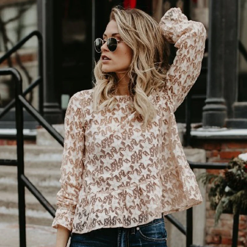

New Summer Sexy Tops Womens Loose Tshirt Fashion Lace Plus Size Tees Woman Spring Autumn Pullovers Female Long-sleeve Shirt Lady