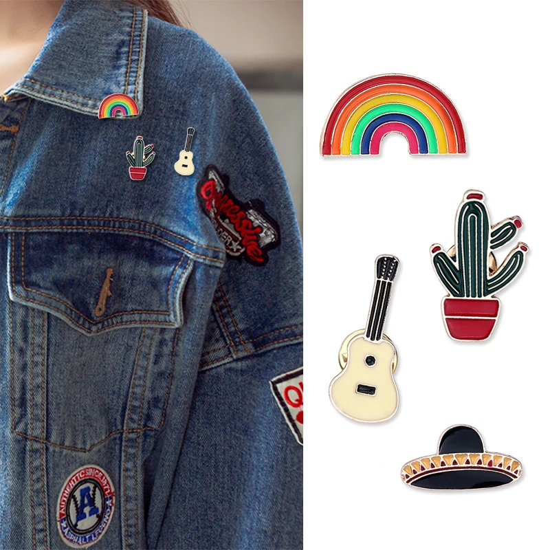 

Cartoon Cactus Rainbow UFO Guitar Brooch Enamel Pin Button Denim Pins Brooches Badge Jewelry For Women Kids Girl Christmas Gifts