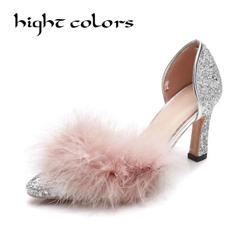 Dames Pompes Mariage Luxe Femmes Bout Hauts Yellow De Mujer Partie Zapatos pink Marque Talons Designer sliver Bling Sexy Fourrure Pointu Chaussures YxqgIwO