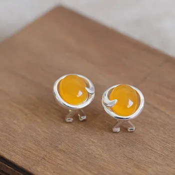 

925 Sterling silver Natural semi-precious stones yellow chalcedony retro simple fresh ladies yellow girlfriend gift