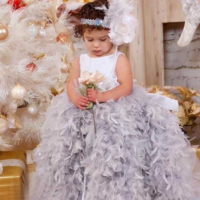 Cheap Adorable Crew Neck Satin Purple Feather Flower Girl Dress Sleeveless Floor Length Beading Tulle Ball Gowns with Big Bow 2016