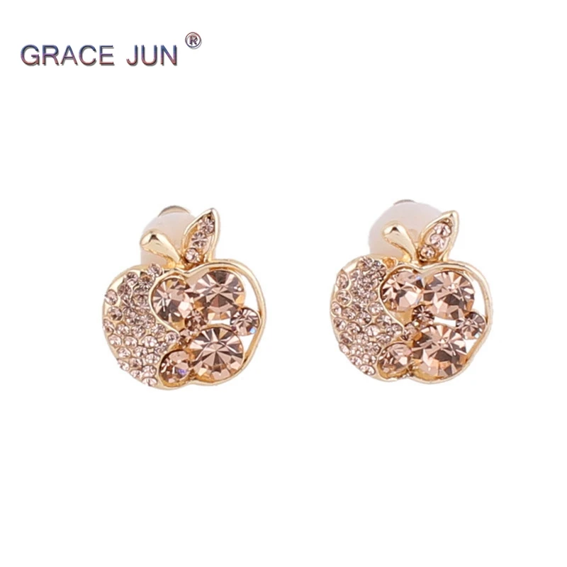 

2018 New Style Full Rhinestone Crystal Small Apple Shape Clip on Earrings Without Piercing for Girl Party Cute Cushion Earrings