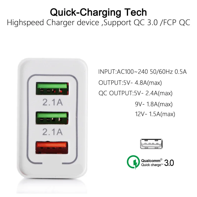 Зарядное устройство Быстрая зарядка QC 3,0 смарт-зарядное устройство 3 USB порта мобильный телефон флэш-адаптер EU штекер путешествия 18 Вт портативное настенное USB зарядное устройство зарядка для телефона