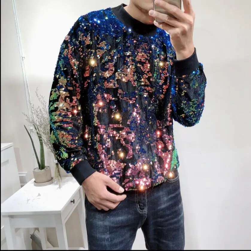 

Tide brand Hoodies men Sweatshirts multicolor sequins fashion nightclub singer casual Couple tops 2019 autumn and winter new