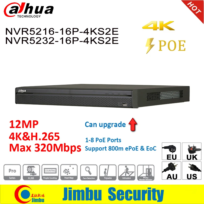 

Dahua NVR 4K people counting NVR5216-16P-4KS2E NVR5232-16P-4KS2E heat map 16poe port 1-8 PoE Support 800m ePoE & EoC