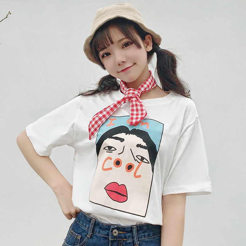 Корейская одежда ulzzang летние свободные Забавные футболки с принтом Женская Harajuku