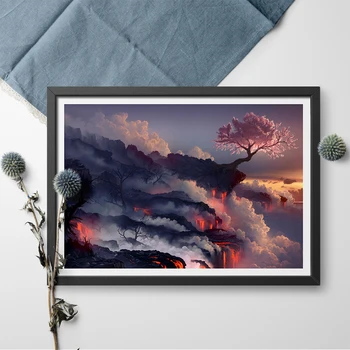 

Lava with Cherry Tree Wall Art Poster And Print Drawn Canvas Painting Volcano Magma Cherry Blossom Canvas Art Print Home Decor