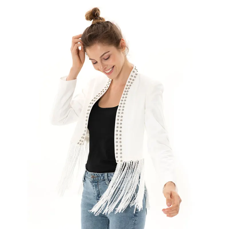 Apperloth Streetwear Jacket Women Short Overcoat Ladies Jackets Tops with Tassel Stand Collar Long Sleeve White Top Open Stitch Coats