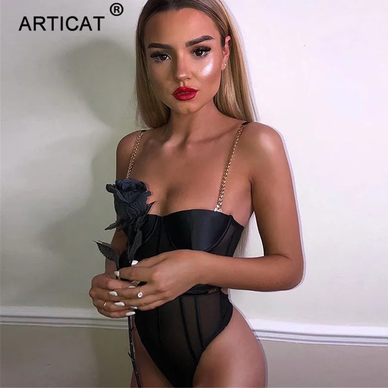 Articat سلسلة معدنية حزام مثير شبكة ارتداءها النساء عارية الذراعين شفافة Bodycon ثوب فضفاض للمرأة بذلة أسود حزب داخلية